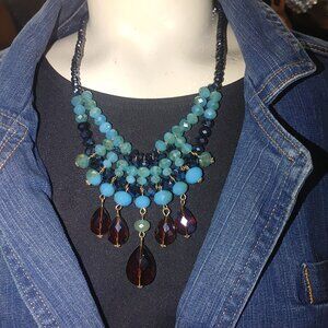 Necklace Multi Layered Beaded Aqua Amber Glass Drops Gold Tone Clasp Statement